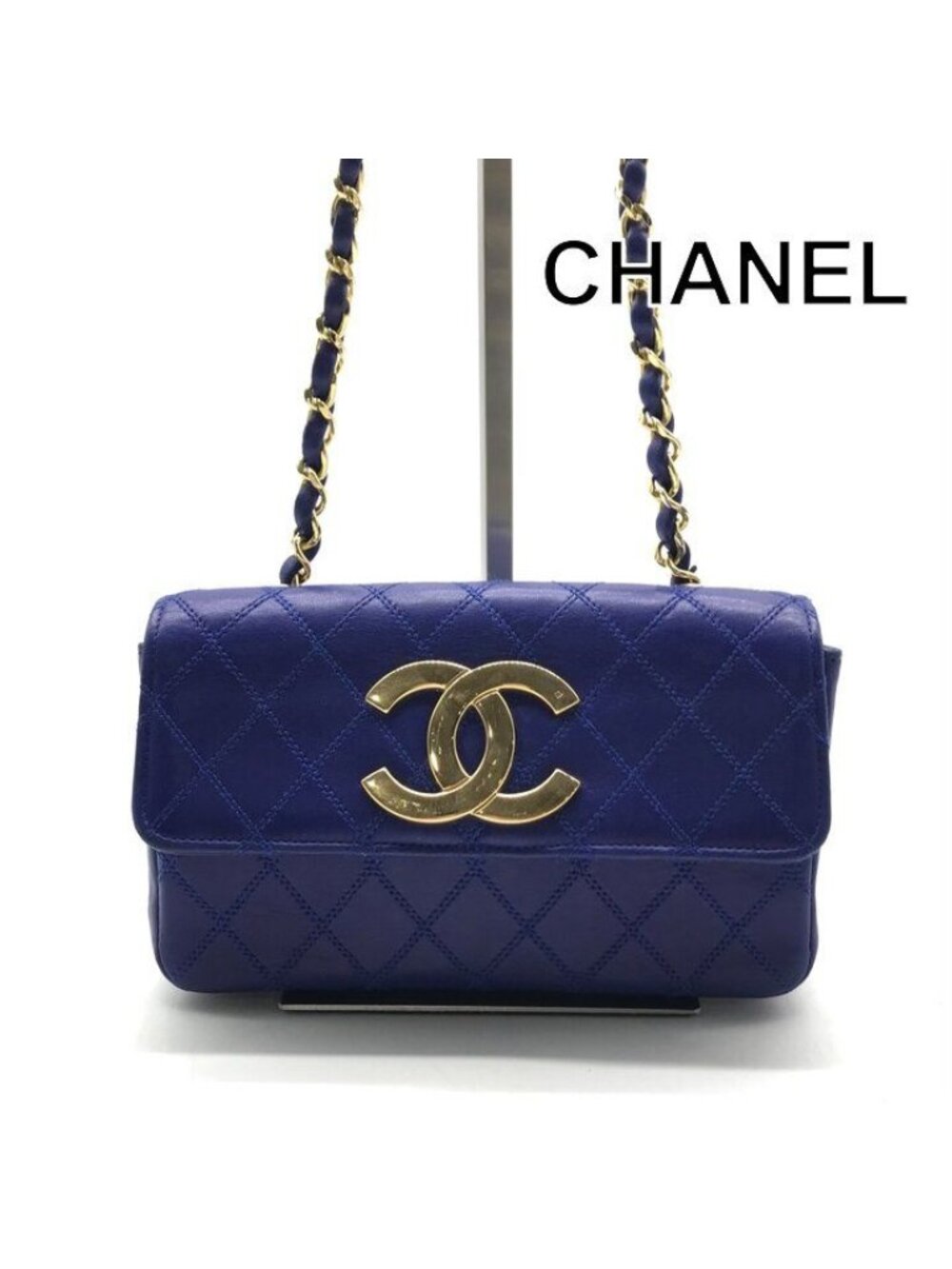 Chanel Bicolor Chain Shoulder Bag Big CC Logo Gold Quilted Blue